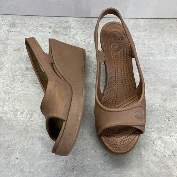 Crocs Havana Peep Toe Brown Slingback Platform Wedge Sandals Womens Size 10 - Picture 2 of 10